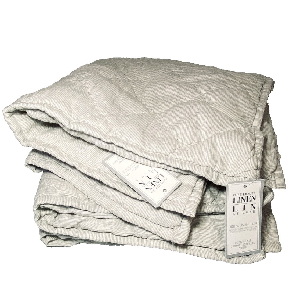 Pure Luxury 100% Linen Two Euro Shams Square Neutral Simple Coastal Stripes